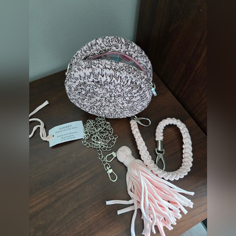 Pink and White Woven Bag with Chain Strap